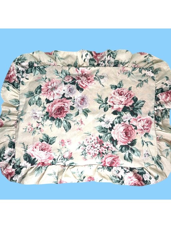 Thomaston Other - VTG Shabby Chic Cottagecore Floral Ruffled Pillow Sham Pink Cabbage Rose Flower